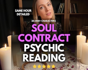 May include: An image promoting psychic readings. The text reads "SOUL CONTRACT PSYCHIC READING" in large, bold letters. The image includes lit candles, a bowl of salt, and a woman. The text "SAME HOUR DETAILED" is also visible.