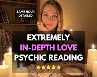 May include: A woman with blonde hair is smiling, with text that reads "EXTREMELY IN-DEPTH LOVE PSYCHIC READING". The image includes lit candles, a wooden bowl with salt, and tarot cards. The text "SAME HOUR DETAILED" is also present.