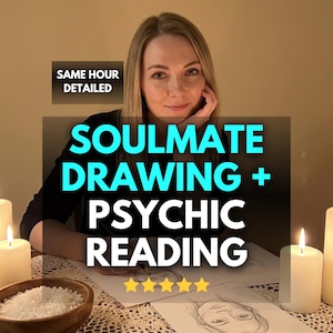 Puede incluir: Imagen que promociona un servicio de dibujo de almas gemelas y lectura psíquica. El texto "SOULMATE DRAWING + PSYCHIC READING" se muestra en letras blancas grandes y en negrita. La imagen también incluye el texto "SAME HOUR DETAILED" y una calificación de cinco estrellas.