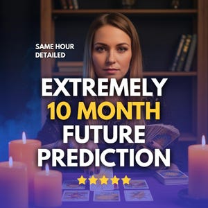 May include: An image promoting a future prediction service. The text reads "EXTREMELY 10 MONTH FUTURE PREDICTION" with "SAME HOUR DETAILED" above. A woman is seated at a table with tarot cards and lit candles. Five gold stars are at the bottom.
