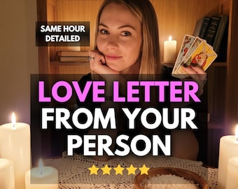 May include: A woman with blonde hair holds tarot cards, with the text "LOVE LETTER FROM YOUR PERSON" in pink and white. The image includes lit candles, a wooden bowl, and the text "SAME HOUR DETAILED".