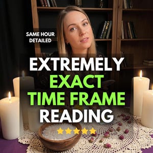 Könnte beinhalten: Das Bild zeigt eine Frau mit blonden Haaren, umgeben von brennenden Kerzen und einer Holzschale mit Salz. Text: "EXTREMELY EXACT TIME FRAME READING" und "SAME HOUR DETAILED".