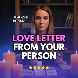 Könnte beinhalten: Eine Frau mit langen blonden Haaren sitzt an einem Tisch mit Tarotkarten, beleuchtet von Kerzen. Der Text "LOVE LETTER FROM YOUR PERSON" ist in Rosa und Weiß dargestellt. Die Worte "SAME HOUR DETAILED" stehen über dem Haupttext. Fünf goldene Sterne sind sichtbar.