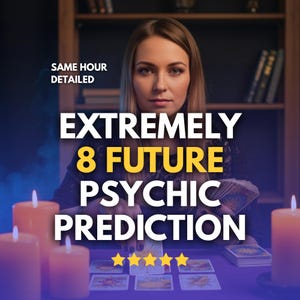 Puede incluir: Imagen de una mujer rubia con cartas del tarot y velas encendidas. El texto dice "EXTREMADAMENTE 8 PREDICCIÓN PSÍQUICA FUTURA" con "MISMA HORA DETALLADA" arriba. Cinco estrellas doradas en la parte inferior.