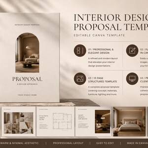 May include: An interior design proposal template featuring a beige cover with an arched window graphic, the text INTERIOR DESIGN PROPOSAL, and a series of smaller page layouts below. The document includes sections for professional design, Canva editing, and 13 pages.