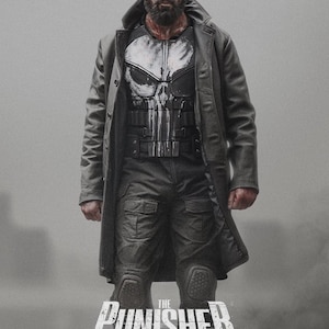 May include: A promotional image for "The Punisher: One Last Kill" features a man in tactical gear and a long coat. The man's chest displays a skull emblem. The title and subtitle are printed in white, with a distressed font, at the bottom of the image.