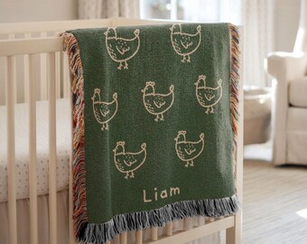 Manta personalizada para bebé con diseño de gallina, manta infantil de granja, manta para bebé con nombre personalizado, decoración infantil campestre, regalo para bebés amantes de las gallinas