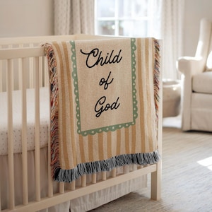 Child of God Baby Blanket, Christian Woven Blanket for Newborn, Vintage Stripe Baptism or Baby Shower Gift