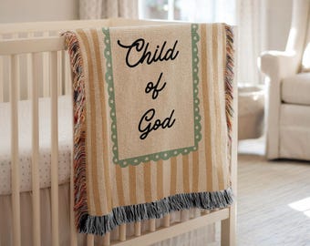 Manta para bebé Niño de Dios, manta tejida cristiana para recién nacido, regalo vintage de rayas para bautizo o baby shower.