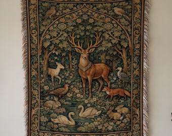 Manta tejida con tapiz medieval de bosque: ciervos y animales del bosque encantado, tapiz de pared estilo cottagecore, decoración del hogar Dark Academia