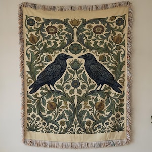 Manta tejida con tapiz de cuervo, manta medieval botánica Millefleurs, manta gótica de pared o sofá.