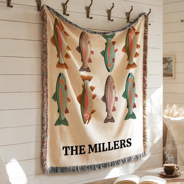 Personalized Rainbow Trout Woven Blanket, Custom Family or Couple Name Throw, Lake House Cabin Fishing Decor Gift