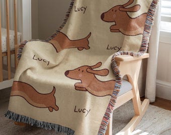 Personalized Dachshund Dog Woven Blanket, Custom Name Baby Blanket, Cute Wiener Nursery Throw, Cozy Baby Gift & Keepsake Decor