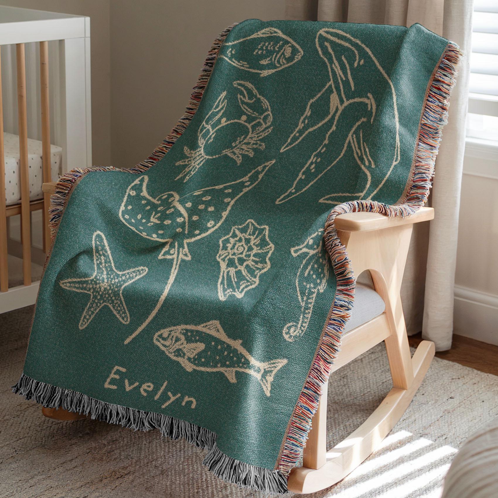 Personalized Ocean Baby Woven Blanket, Custom Name Beach Sea Life ...