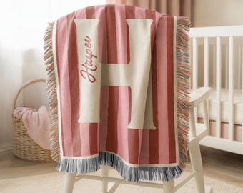 Personalized Baby Initial Blanket | Vintage Style Woven Baby Blanket | Custom Letter Nursery Decor, Newborn & Baby Shower Gift