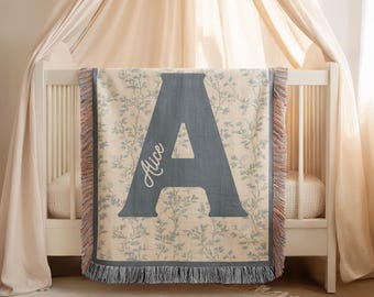 Personalized Baby Initial Blanket | Vintage Style Woven Baby Blanket | Custom Letter Nursery Decor, Newborn & Baby Shower Gift