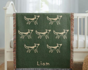 Personalized German Shepherd Dog Pattern Woven Blanket, Custom Name Baby Blanket, Cute Puppy Nursery Throw, Cozy Baby Gift & Keepsake Decor