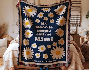 Personalized Floral Grandma Blanket Gift from Grandkids, Custom “My Favorite People Call Me” Woven Throw, Nana Mimi Mom Birthday Gift