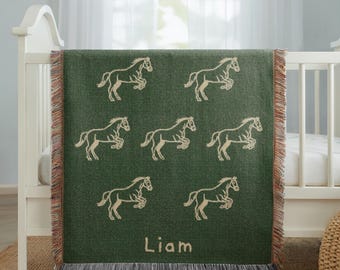 Manta tejida personalizada de caballo para bebé, manta con nombre personalizado para guardería, regalo ecuestre para bebé, decoración para recién nacidos y baby shower