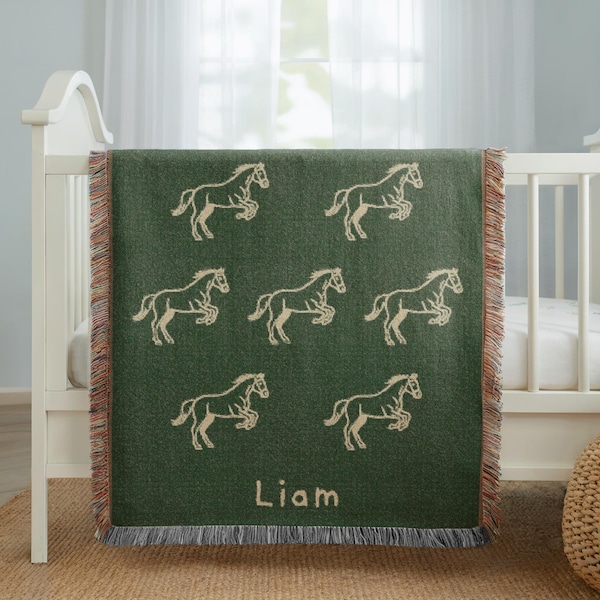 Personalized Horse Baby Woven Blanket, Custom Name Nursery Throw, Equestrian Baby Gift, Newborn & Baby Shower Decor