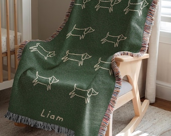 Personalized Dachshund Dog Pattern Woven Blanket, Custom Name Baby Blanket, Cute Puppy Nursery Throw, Cozy Baby Gift & Keepsake Decor