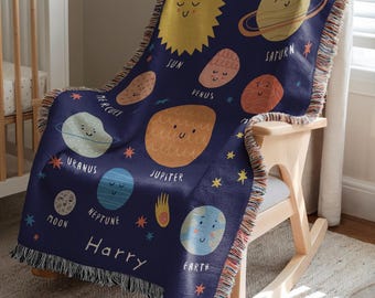 Personalized Space Baby Woven Blanket, Custom Name Nursery Throw, Planets Galaxy Baby Gift, Solar System Baby Blanket