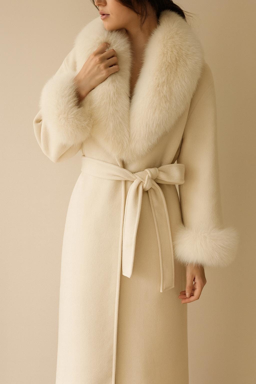Women’s Luxury Wool Coat with Belted And Faux Fur Collar