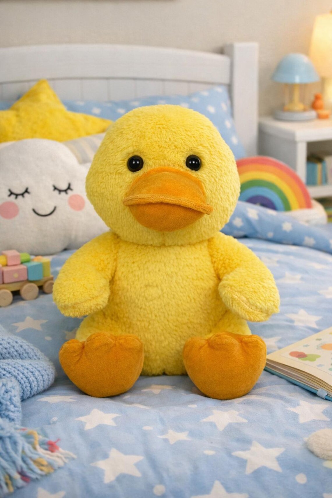 May include: A plush yellow duck toy with an orange beak and feet sits on a bed with a blue star-patterned comforter. The duck has black eyes and is surrounded by other soft toys and a rainbow.