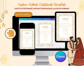 Custom Nikkah Certificate Template: Islamic Marriage Certificate (A4 or A5, Digital Download, Editable Canva Nikkah Contract Template)