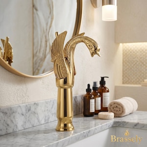 Rubinetto da bagno di lusso a forma di cigno in oro lucido - Miscelatore per lavabo in ottone a forma di uccello scultoreo