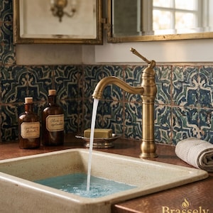 Op de afbeelding: Een close-up van een badkamer wastafel met een messing kraan en een rechthoekige, gebroken witte wasbak. Water stroomt uit de kraan. Twee bruine apothekersflessen met etiketten staan op het aanrecht. De achtergrond heeft blauw-groene tegels.