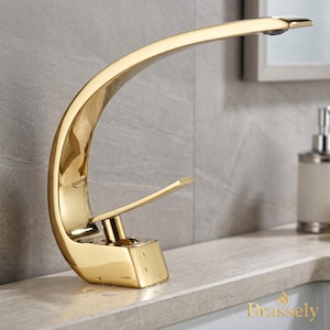 Rubinetto da bagno moderno curvo color oro - Miscelatore monocomando per lavabo di lusso con design a onda in ottone massiccio