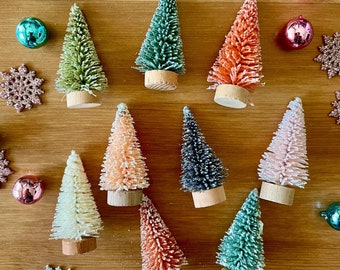 Mini Shabby Chic Bottle Brush Trees-Lot of Nine 2 Inch Colorful Flocked Christmas Pines-Holiday Putz Village-Tiny Tree Assortment-Retro Tree