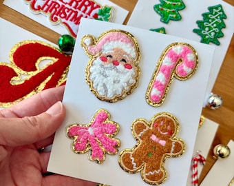 Parches termoadhesivos bordados en rosa de Papá Noel, bastón de caramelo, lazo y hombre de jengibre - Parche navideño de Papá Noel - Suéter navideño feo - Pegatinas de chenilla
