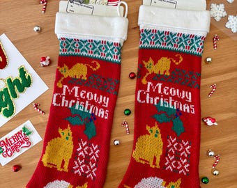 Etsy's Pick-Vintage Knit Cats Christmas Stockings-Set TWO Vintage Kitties Stockings-Meowy Christmas-A Cozy Pet Christmas-His & Hers Holiday