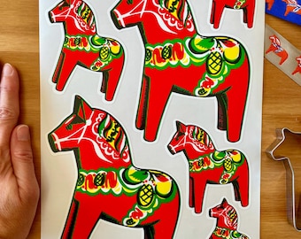 Swedish Dala Horse Stickers-6 Red Orange Swedish Folk Art Decals-Large Dala Horse Stickers-Sweden-Animals-Scandinavian Gift Wrap-Phone Decal