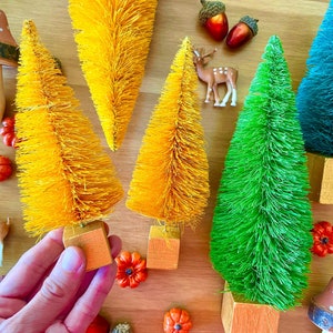 Small Colorful Mustard Bottle Brush Trees-One 6.5 Inch Tree-Holiday Pines-Retro Putz Village-Forest Table Top Decor-Yellow Bottle Brush Tree