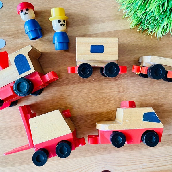 Vintage Wooden Train, Truck & Forklift-Vintage Red Train and 2 Little Workers-1972 Mattel Train-Vintage Train Conductors-Wind Up Truck Toy