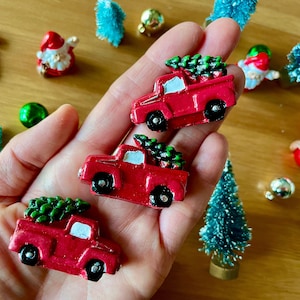 Mini Retro Christmas Tree Trucks-Lot of 3-Red & Green Miniature Trucks-Red Holiday Car w/ Christmas Tree-Snow Globe Miniatures-Shabby Chic