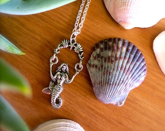 Mermaid Silver Charm Necklace-Swinging Mermaid & Shells Charm Jewelry-Disney Jewelry-The Little Mermaid-Beach-Swimming-Ocean-Ariel-Pirates