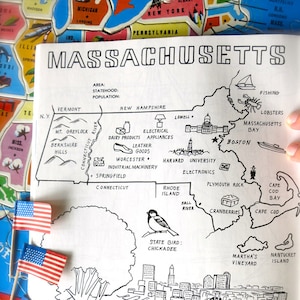 Massachusetts State Map-1980's Massachusetts Malbuch Seite-Vintage Karte Druck-State Wall Art Print-Boston-Harvard-Cape Cod-USA