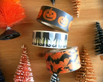 Spooky Halloween Washi Tape-3 Rolls Orange & Black Tape-Pumpkins, Witches, Bats Washi Tape-Halloween Party Supplies-Halloween Ephemera-Oct