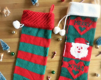 Vintage Knit Christmas Stockings-Vintage 1980's Santa Claus Stocking-Merry XMas Santa Stocking-Vintage Knit Santa Stocking-Holiday Pom Poms