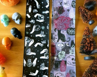 Mystical Cats, Skulls & Fortune Teller Ribbon-1 Yard Halloween Wired Ribbon-Black Witch, Purple Mystic Ribbon-Halloween Wreath-Crystal Ball