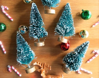 Mini Bottle Brush Trees-Lot of Five 2.5 Inch-Mini Flocked Christmas Pines-Holiday Putz Village-Tiny Tree Ornaments-Retro Snowglobe-Terrarium