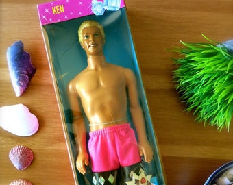 Vintage Sun Jewel Ken Doll-1993 Blond Ken in Original Box-Swimming Ken Barbie Doll-Antique Mattel Barbie-Vintage Tan Beach Swim Trunks Ken