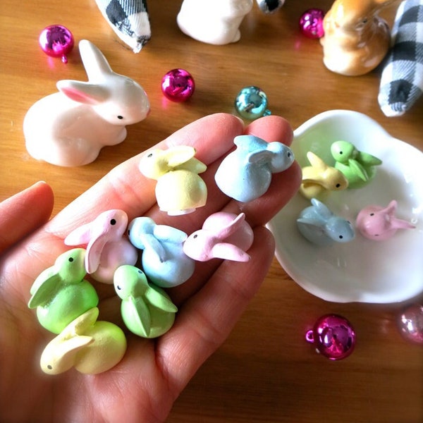 Tiny Easter Bunnies-12 Mini Wooden Colorful Rabbits-Small Pink, Yellow, Green & Blue Baby Bunnies-Spring Crafting-Easter Basket-Fairy Houses