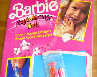 Vintage Barbie Nails Set-Vintage Barbie Magic Message Nails-Press-On Color Change Nails-Mattel Barbie-Pink Hearts & Orange Flower Nails-1980