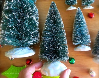 Mini Flocked Bottle Brush Christmas Trees-Set of Two 6 Inch Holiday Pines-Small Green Bottle Brush Tree-Retro Putz Village-Holiday Table Top
