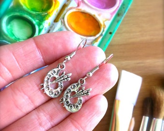 Orecchini Pendenti In Argento Sterling 925 A Forma Di Tavolozza E Pennelli - Regalo Per Artisti E Insegnanti D'Arte